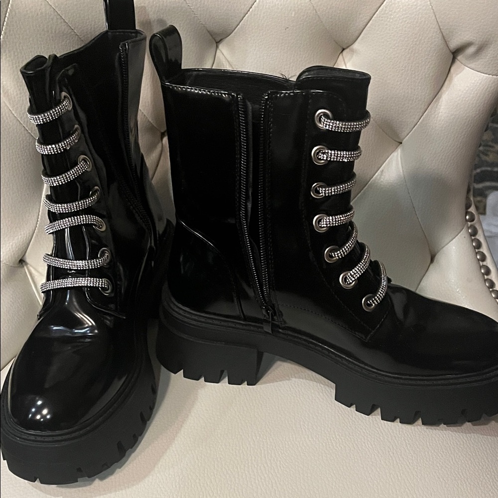 Forever 21 Glossy Black Combat Boots - Picture 2 of 5